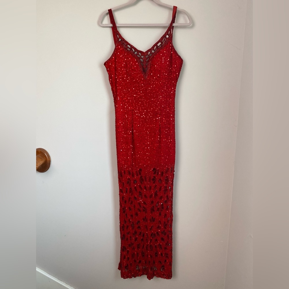 Women’s Junior’s Size Small 90s y2k vintage Prom Red formal beaded sequin dress